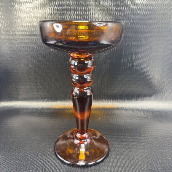 Vintage Mid Century Amber Glass Candle Holders Votive Pillar Heavy Glass Set 2 - Picture 12 of 14